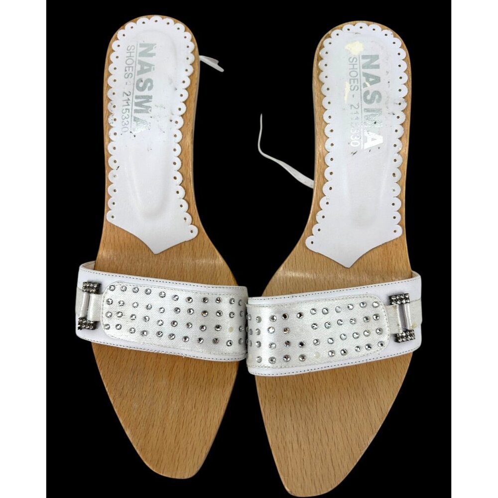 White Nasma Womens Rhinestone Studded Heeled Sandals Size 9.5 - Picture 4 of 13